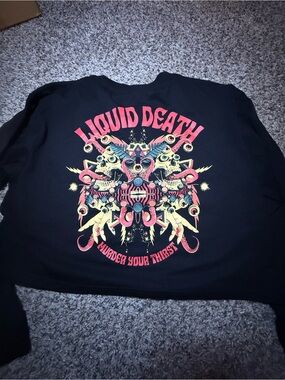 Black Graphic Long-Sleeve crop top- Pink & Yellow Skull Design